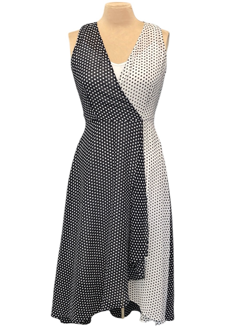 Calvin Klein Sleeveless Black&White Polka Dot Faux Wrap Dress w/Removeable Slip